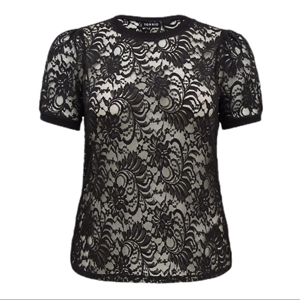 Black Sheer Knit Lace Floral Short Sleeve Top by Torrid - NEW